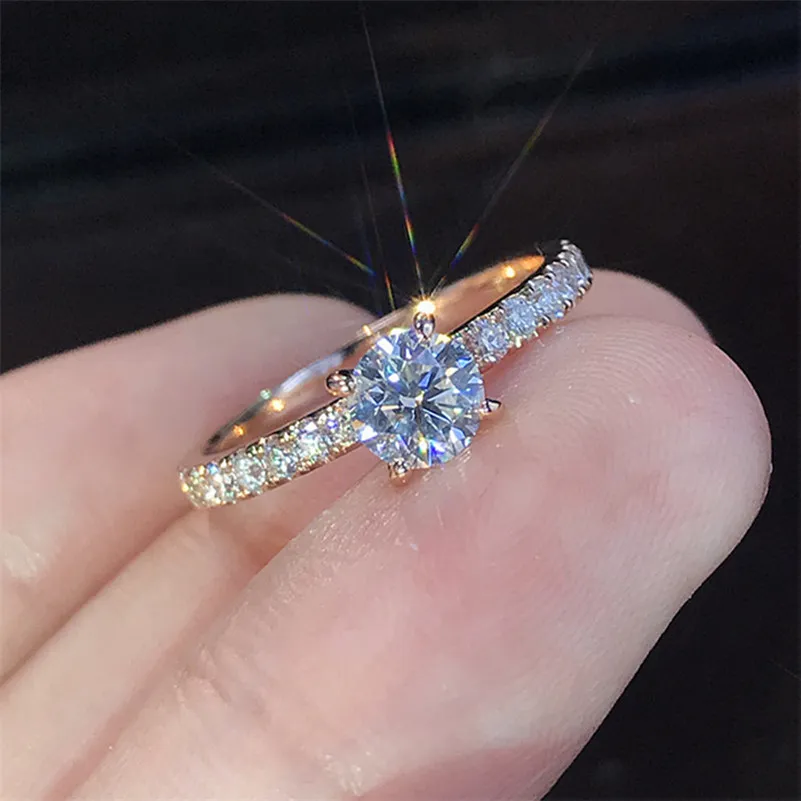 Rose Gold Diamond Ring Crystal förlovningsringar för kvinnliga bröllopsringar sätter modesmycken