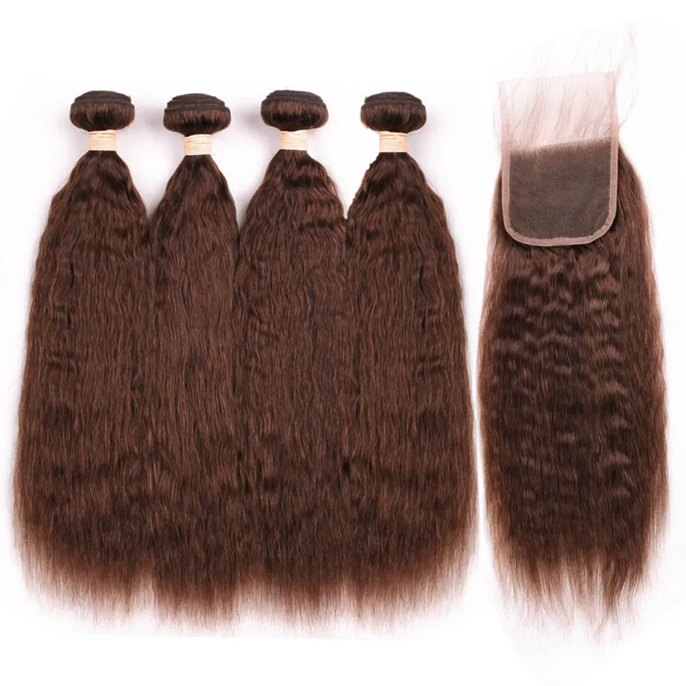 Chocoladebruin grove yaki Indian Human Hair 4bundels met sluiting 5 stcs Lot kinky recht #4 Medium bruin kanten sluiting 4x4 met weefsels
