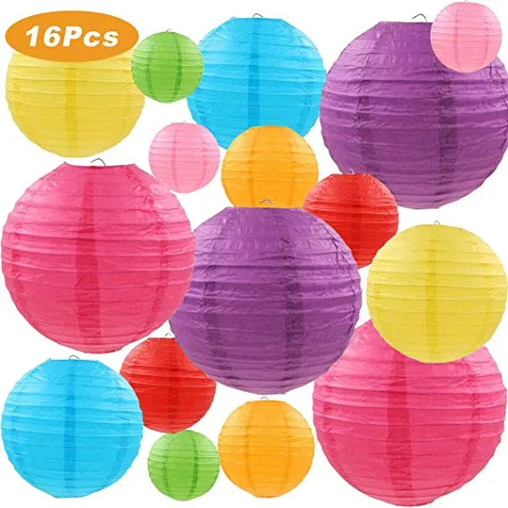 16 Pcs Colorful Paper Lanterns (Multicolor,Size of 4, 6, 8, 10) - Chinese/Japanese Paper Hanging Decorations Ball Lanterns Lamps for Hom