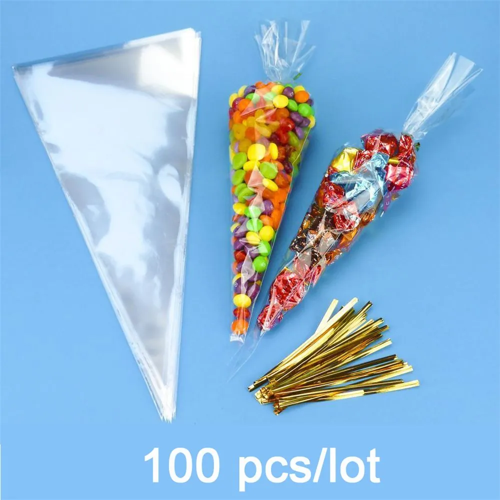 100 pcs/lot bricolage mariage fête d'anniversaire doux Cellophane clair bonbons cône sacs pas cher Organza pochettes décoration