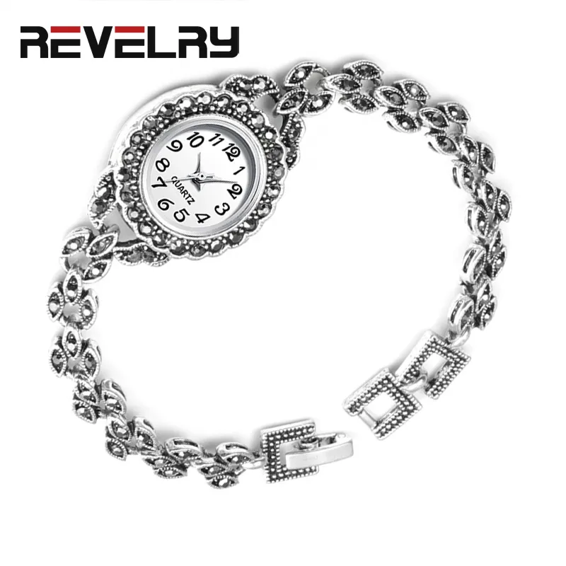 REVELRY Reloj de pulsera de plata antigua Relojes de pulsera de diamantes de imitacion turcos Reloj de cuarzo de Ginebra vintage para mujer