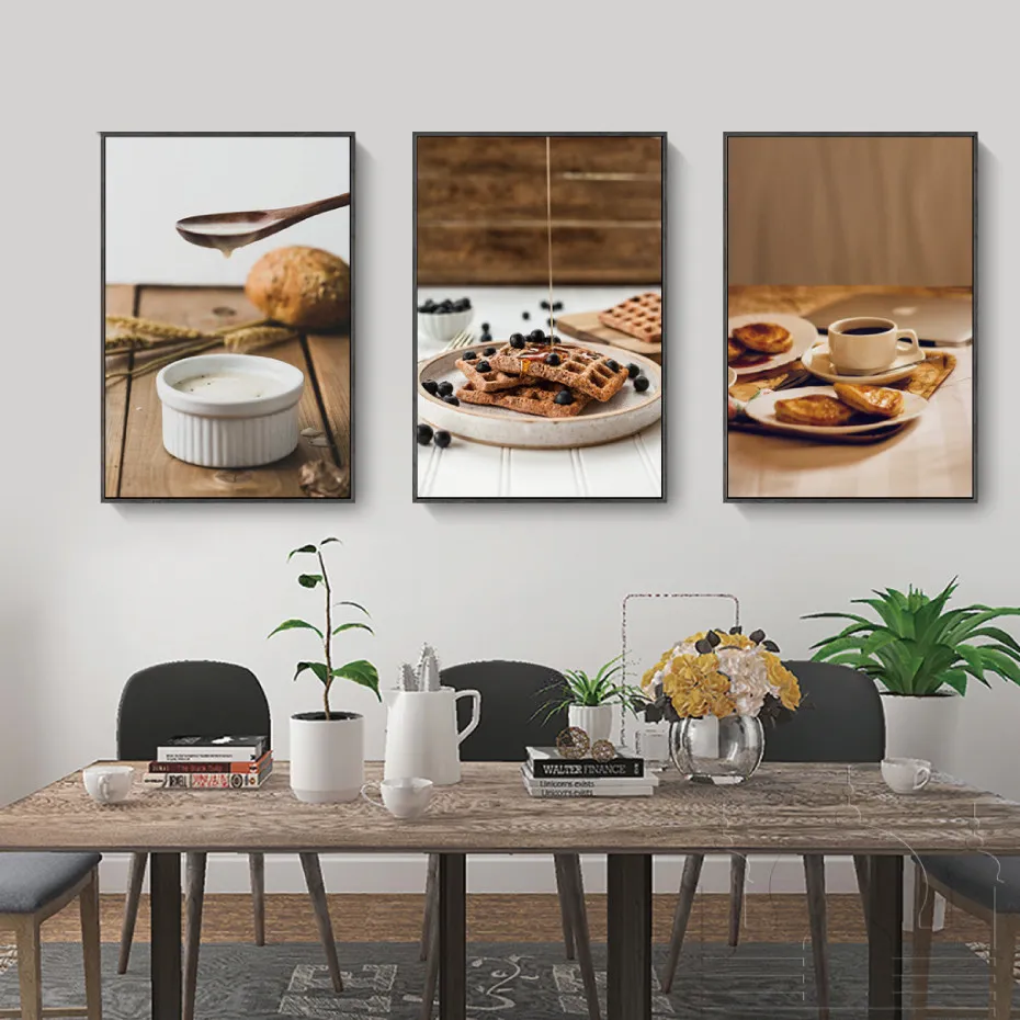 Modern Foto Lebensmittel Getränk Waffel Kaffee Blaubeere Poster Drucke Wandkunst Leinwand Malerei Home Dekorative Bilder für Esszimmer