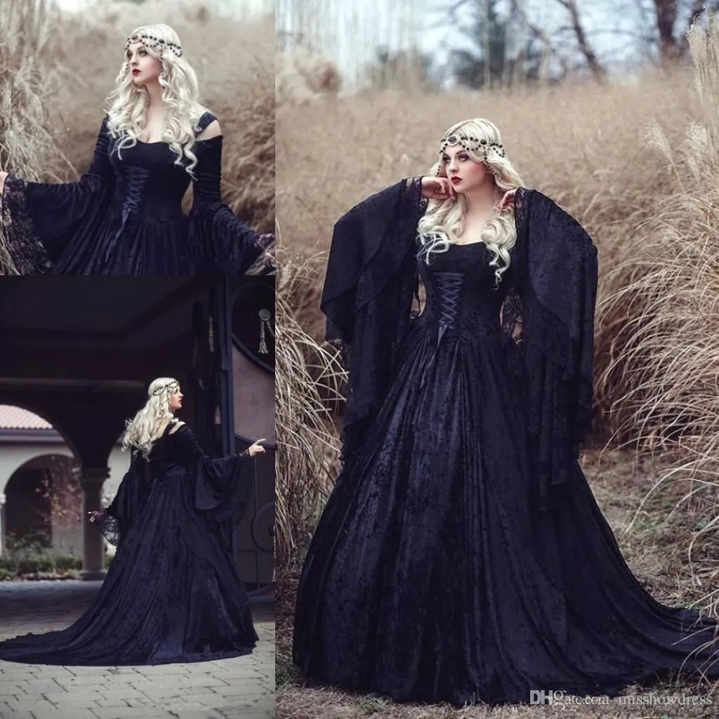 Plus Size Gothic Spitze Prinzessin A-Linie Brautkleider Samt Schulterfrei mit langen Ärmeln Sweep Zug Brautkleid Brautkleider Custom