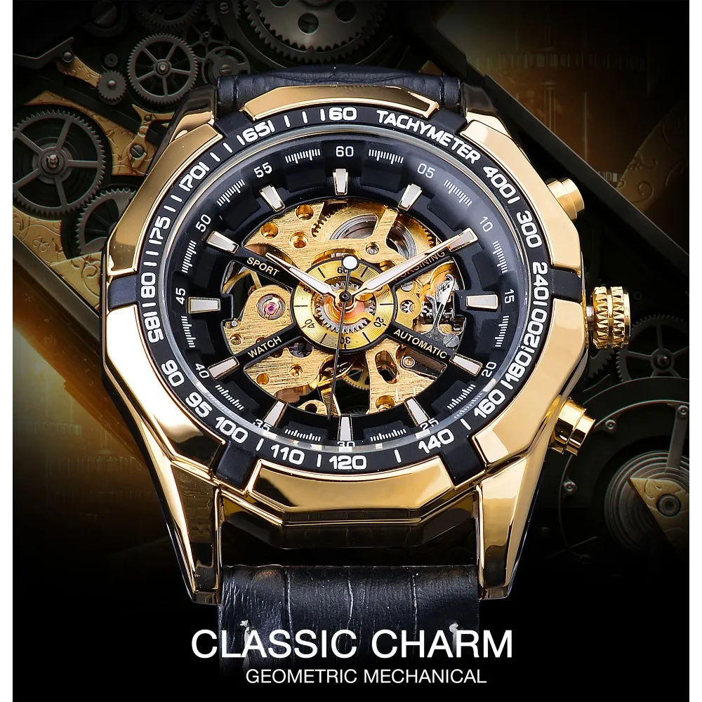 Forsining Waterdichte Gouden Zwarte Skeletklok Twee Knop Decoratie Mechanische Horloges voor Mannen Zwart Echt Leather264L