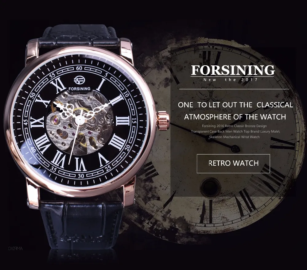 Forsining Retro Series 시계 로마 스켈레톤 디스플레이 블랙 다이얼 기계 시계 로즈 골든 케이스 남성 자동 시계 최고 브랜드 LU301D