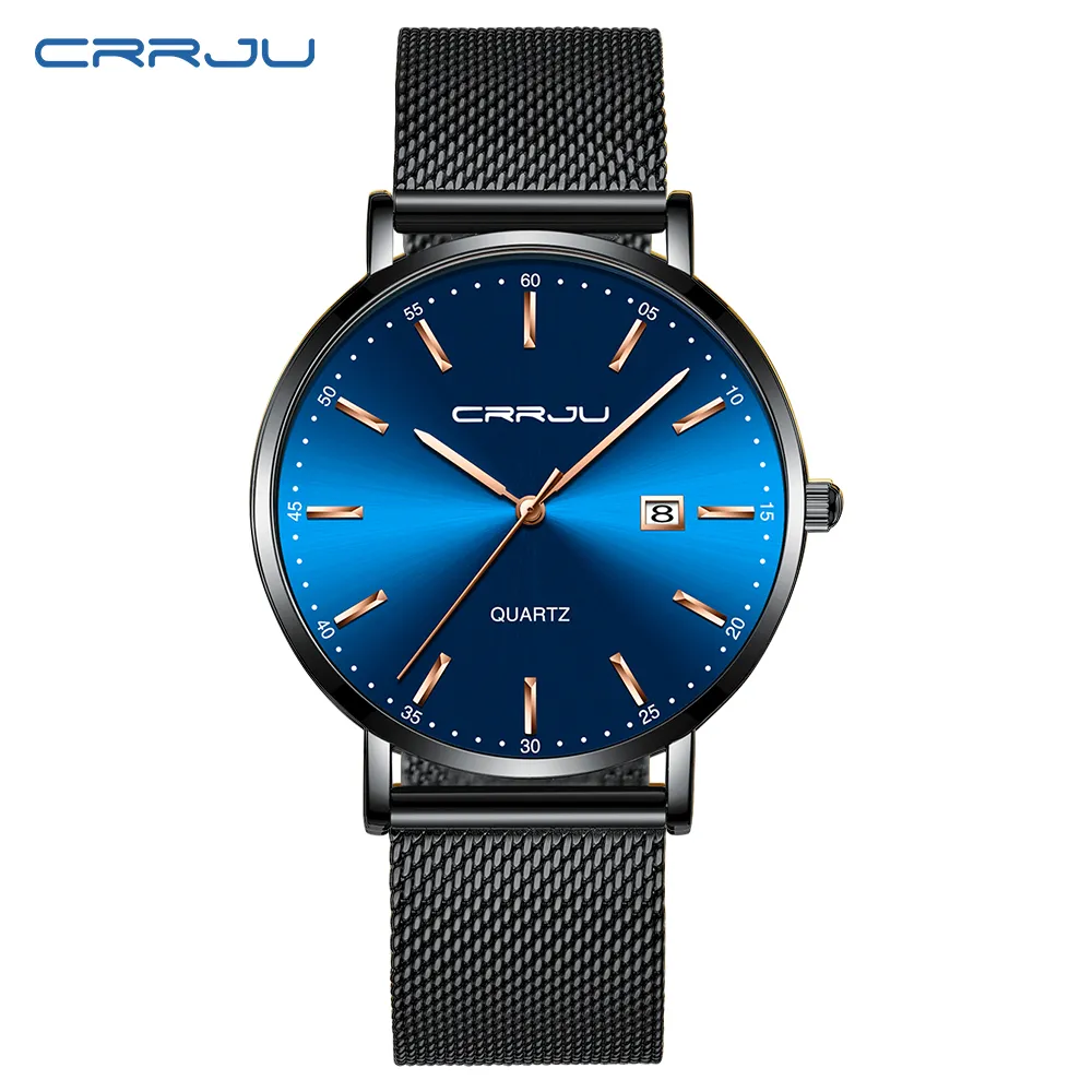 CWP 2024 Mode Hommes Montres CRRJU Top Marque Bleu Étanche Wates Ultra Mince Date Simple Casual Quartz Montre Hommes Sport Horloge