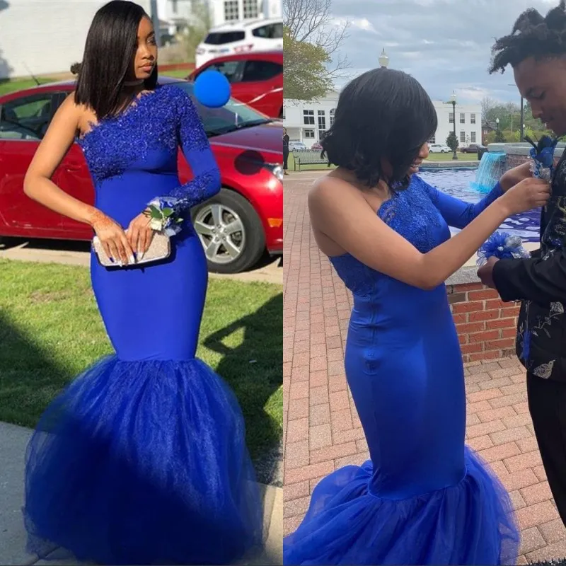Robes de bal sirène bleu royal pour filles noires sud-africaines Sexy une épaule dentelle Appliques Tulle robes de soirée formelles