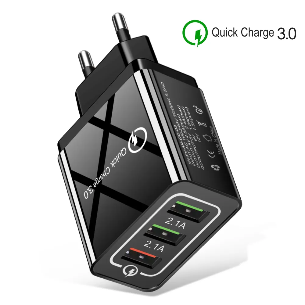 USB Wall Charger QC 3.0 Snelle lading 1 poort en 3 poorten US EU Plug Fast Charging 3.1A Cellphone-adapter