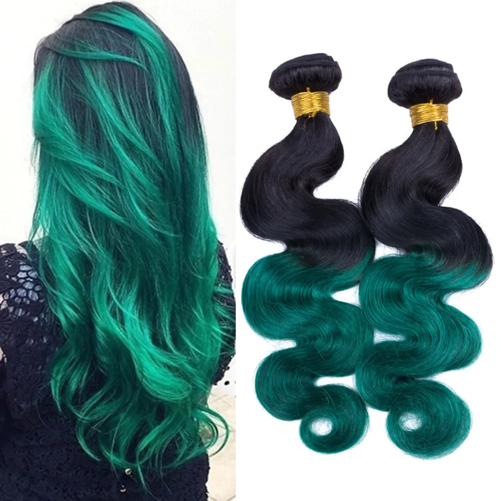 #1B/Green Ombre Body Wave Peruvian Human Hair Weave Bundles Ombre Dark Green Black Roots Human Hair Wefts Extensions 4Pcs Mixed Length
