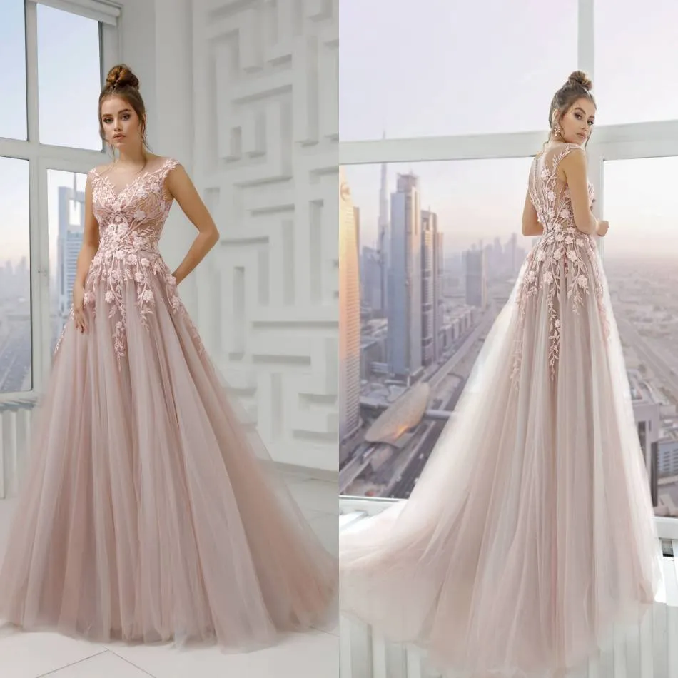 2020 Modest Vacker Juvel Ärmlös En Linje Evening Klänningar Lace Applique Handgjorda Blomma Beaded Formella Klänningar Sweep Train Party Gown