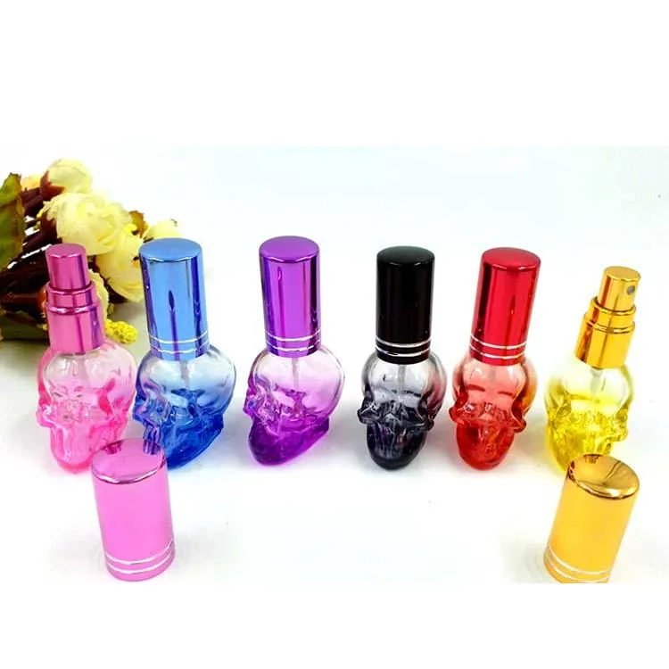 8Ml Colorful Refillable Empty Skull Shape Crystal Cut Glass Perfume Spray Bottles Atomizer Travel Mini Sample Perfume Container Aluminum Cap