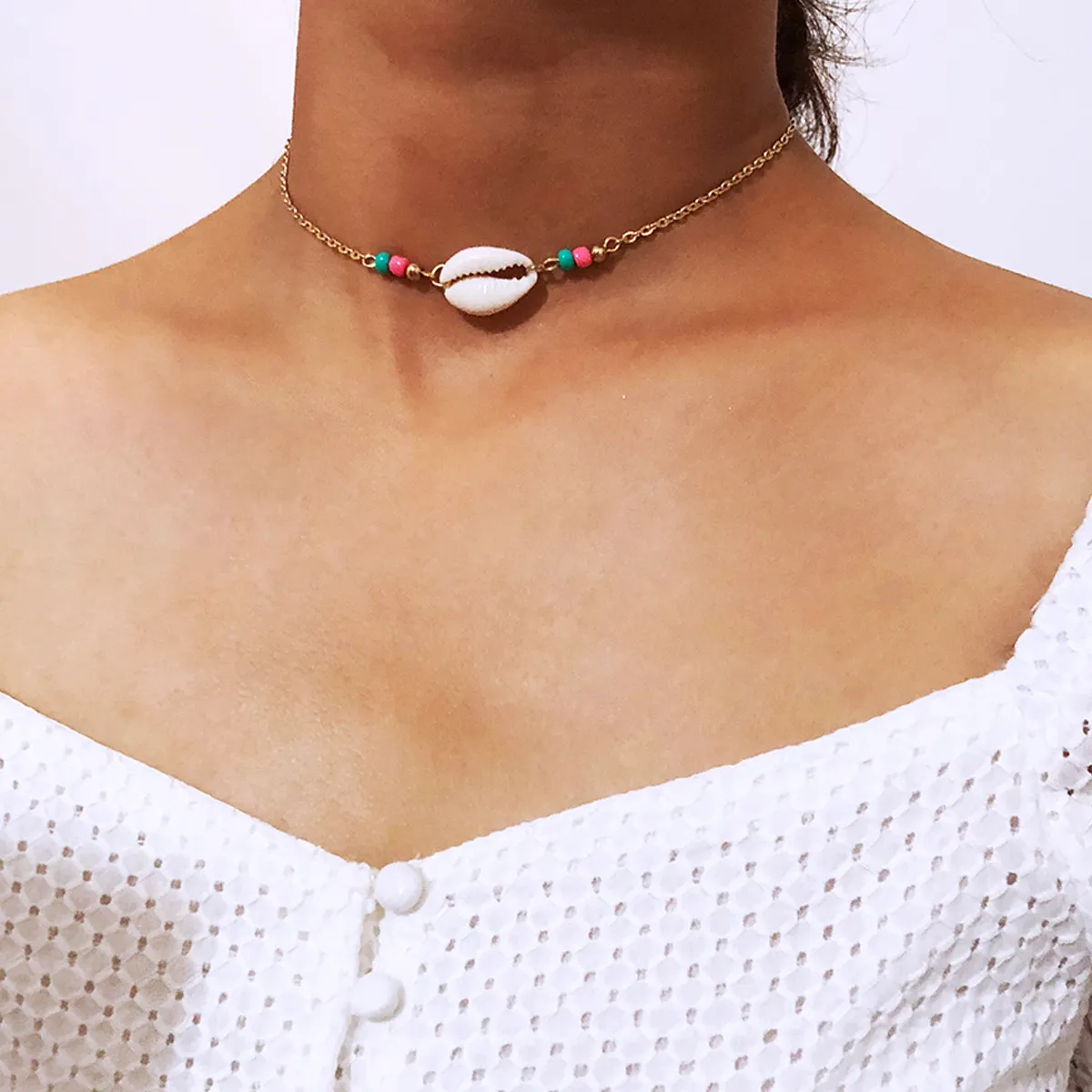 Muschel-Choker-Halskette für Frauen, natürliche Muschel-Schmuck, Chocker, bunte Perlen, schlicht, halslos, für Mädchen, Anhänger-Halskette