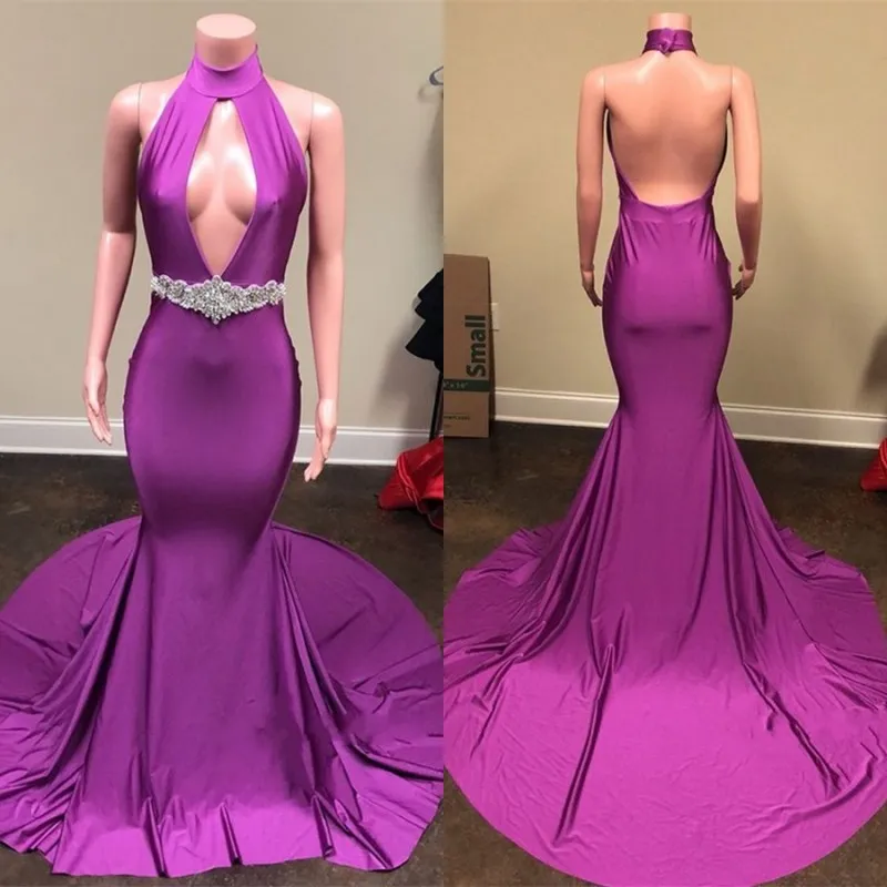 Yüksek Boyun Mor Gelinlik Modelleri Bel Boncuk Backless Saten V Boyun Kokteyl Parti Abiye Sweep Tren Mermaid Abiye Custom Made