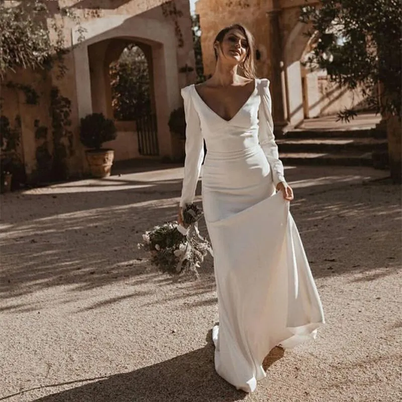 vintage satin long sleeve wedding dress Long Sleeve Satin Wedding Dress V-neck Vintage Inspired Wedding Dress A-line Drop Waist Wedding Dress Minimalist Bishop Sleeve Dress ELLERY