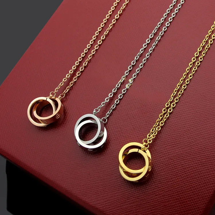 Womens 18K Gold Plated Double Ring Circle Titanium Steel Pendant