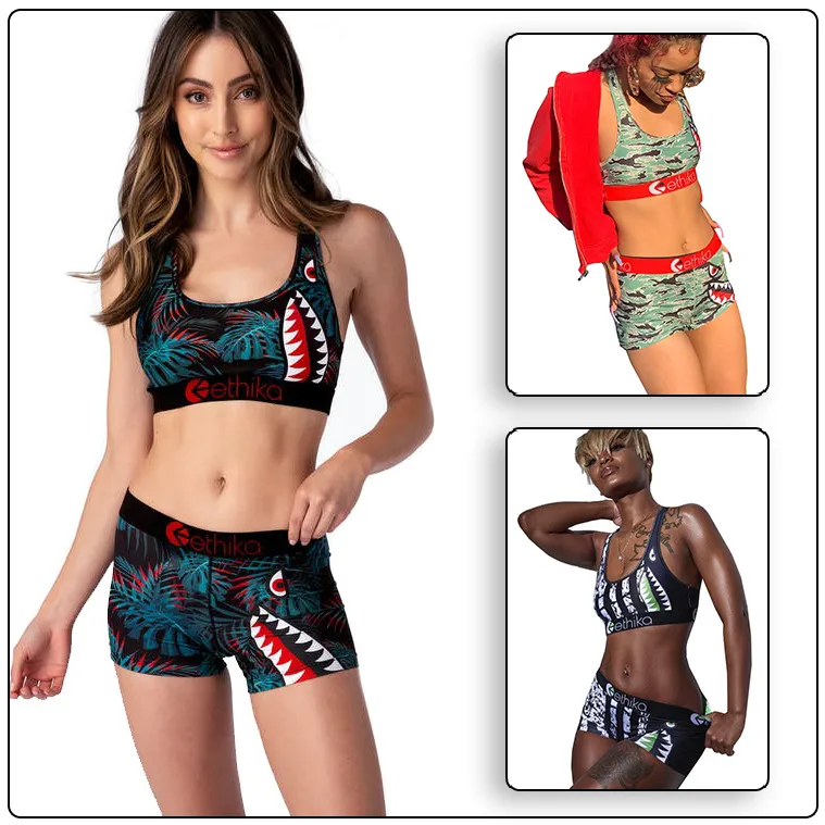 Free shipping size S-2XL Women Ethika underwear Swimwear Bra +Shorts 2  Piece Tracksuit Shark Camo flower Swimsuit Bikini set