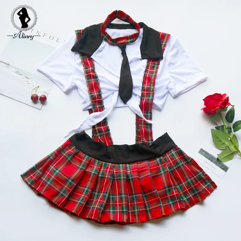 Alinry sexy lingerie set vrouwen erotische plus size lace up student cosplay kostuum rollenspel school meisje plaid uniform ondergoed