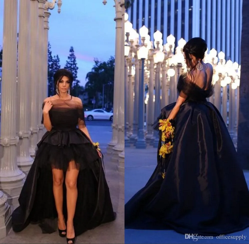 Black Gothic Wedding Dresses High Low Bridal Gown Off The Shoulder Satin Tulle Custom Made Sweep Train Tiered Beach Castle Vestidos de Novia