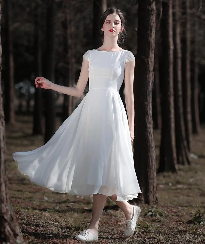 Modest A Line Chiffon Midi Wedding Dress With Cap Sleeves And Open Back Tea Length Jewel Neckline Perfect For Summer Beach Weddings Little White From Totallymodest 49.14 DHgate.Com