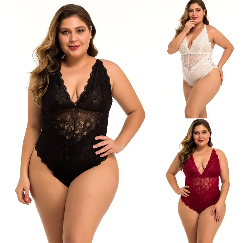 Kvinnors Sexig Backless Midnight Floral Lace Padded Cups Mesh Teddy Med Criss-Cross Justerbara Band Underkläder Sleepwear Underkläder Plus Storlek