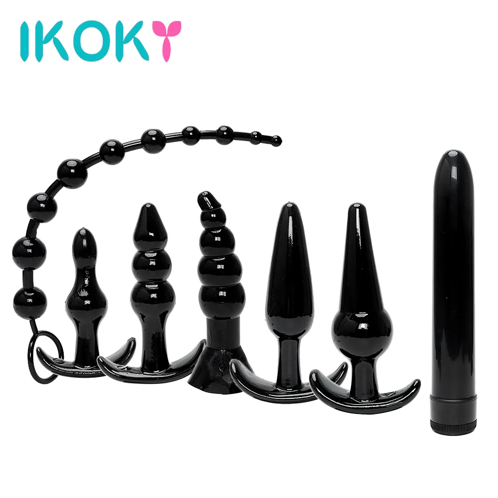 IKOKY 7PCS / SET Combinator Wibrator Butt Plug Sex Zabawki dla Kobiet Mężczyźni Clitoris Stymulator Anal Bead Plug Seks Produkty Y19062902