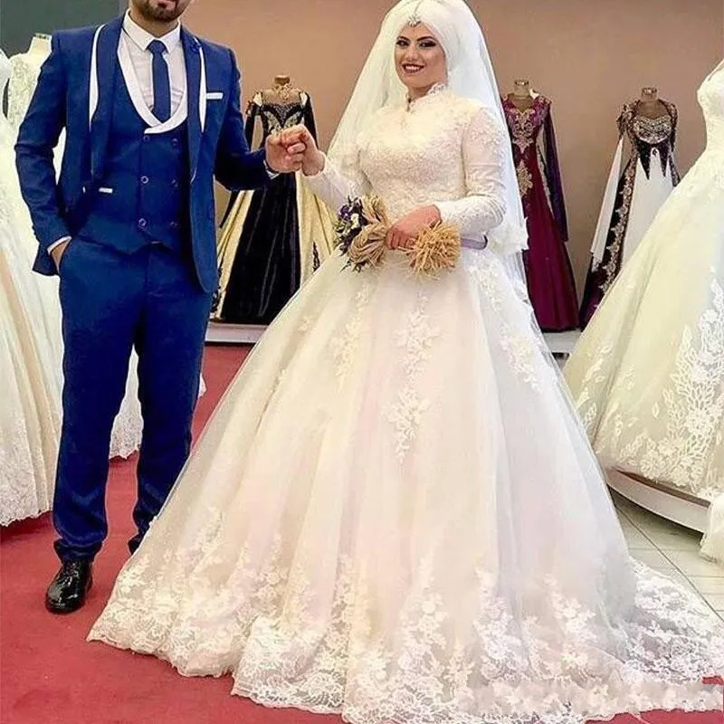 Vintage Ivory Muzułmańskie suknie ślubne wysokiej szyi z długim rękawem Kraj Boho Suknie ślubne Koronki Turcja Bridal Dress Romantic Rates de Mariée 2019