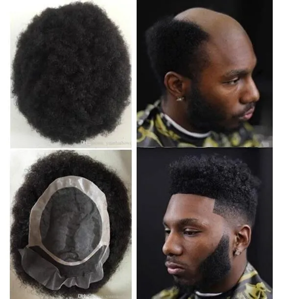 Män hår system afro curl toupee spets front med mono npu toupee jet svart peruansk jungfru remy mänskligt hår ersättning för svarta män