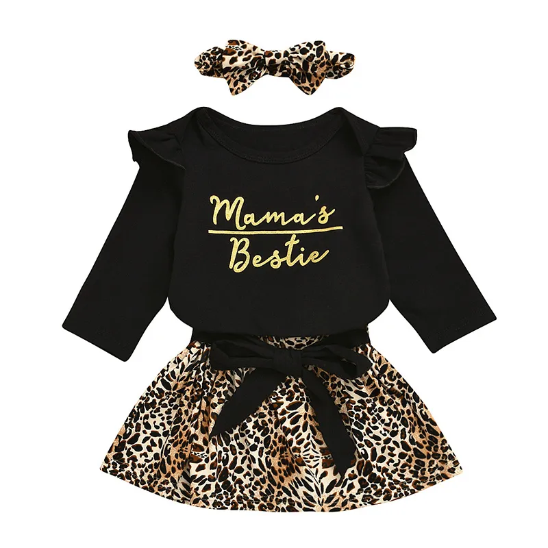 Детские девушки платье костюмы Infant Письмо Ruffler Ромпер Tops + лук кружева Leopard Юбки + Leopard ободки 3шт / набор малышей Повседневный Outfit M1301