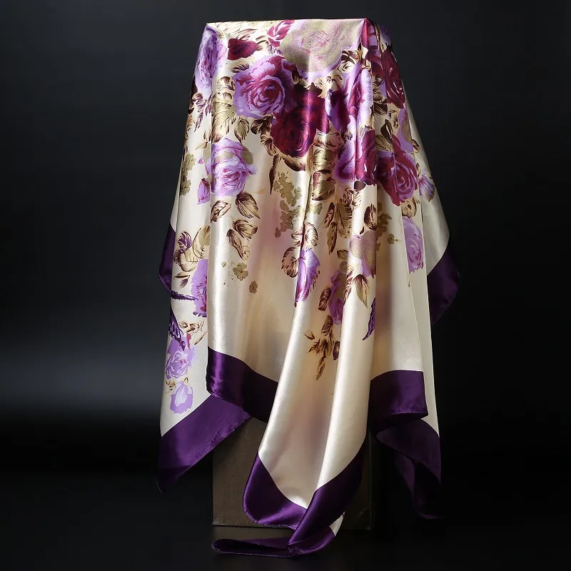 Moda Kerchief Szalik Włosów Dla Kobiet Zielony Purpurowy Druku Jedwabny Satin Hidżab Szaliki 90cm * 90 cm Square Shalws Szaliki Dla Damskich 2019