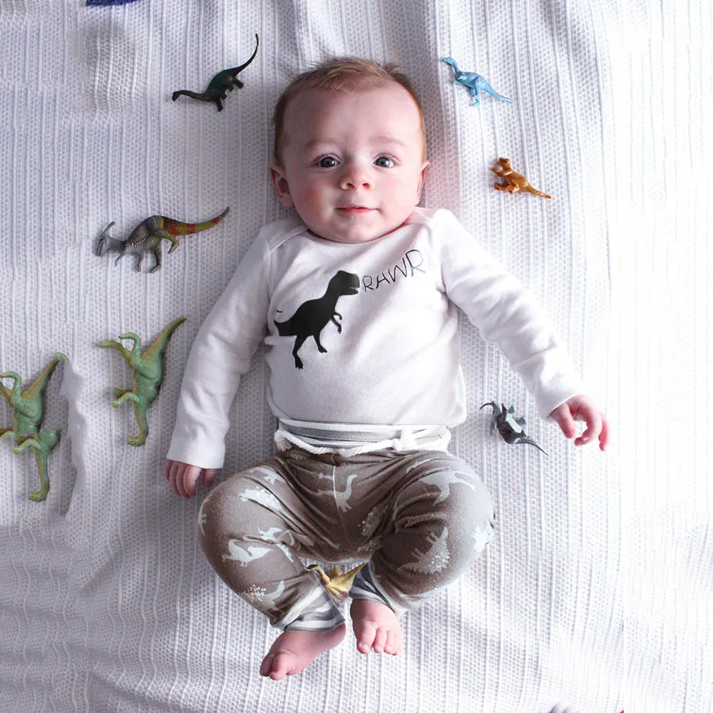 Nyfödd baby kläder baby flicka pojke kläder uppsättning dinosaur Romper toppar bodysuit byxor hatt kläder set ropa recien nacido