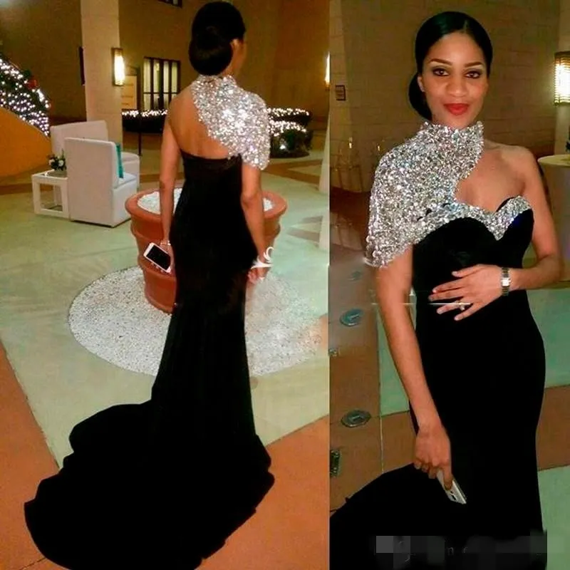 Luxury Beaded Black Evening Dresses Mermaid High Neck Sweep Train Sparkly Bling Bling Custom Made Prom Kake Formell Tillfälle Slitage