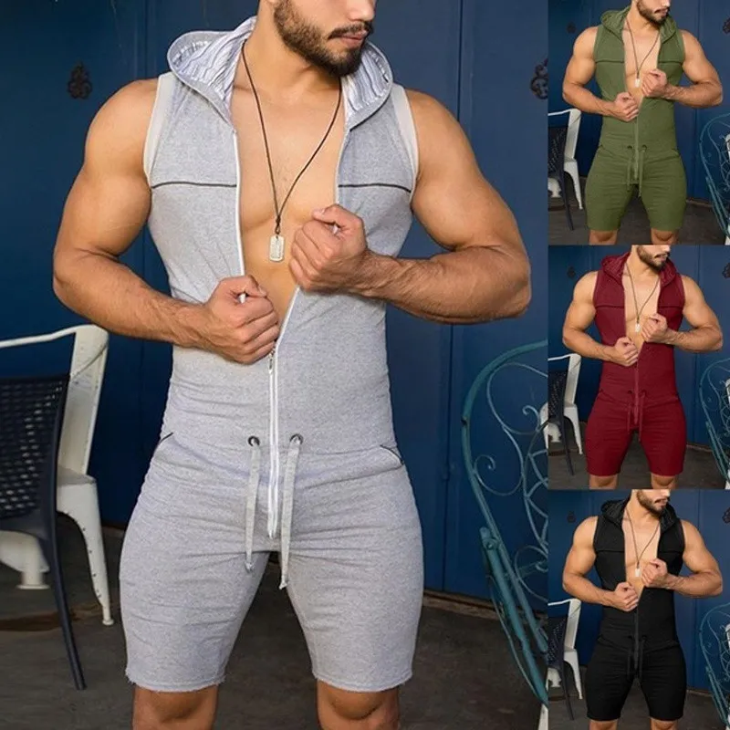 2020 New Men´s One Piece Tight Sports Gym Fitness Jumpsuit Zipper Sleeveless Hooded Rompers Pants with Pockets