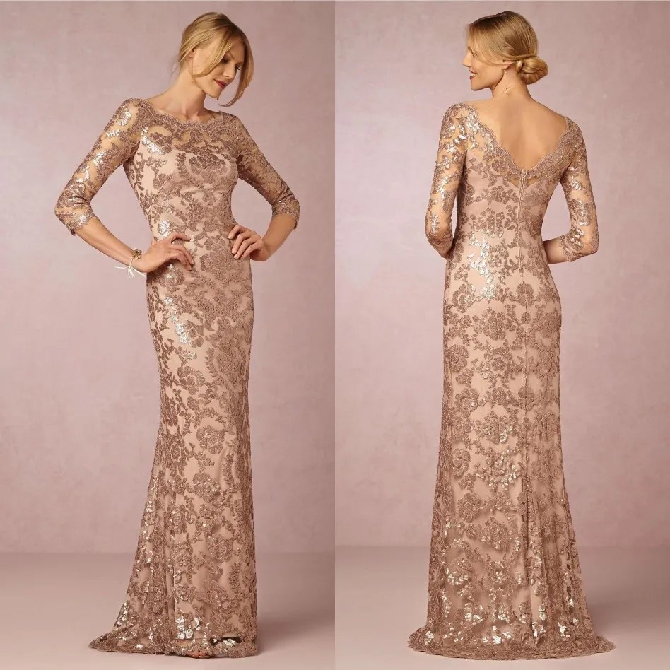 Long Sleeves Rose Gold Mother of the Bride Groom Dresses Bateau Neck Plus Size Vintage Lace Long Formal Evening Party Wear BA0528