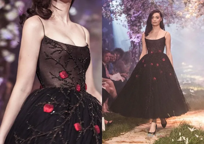 Paolo Sebastian 2020新しいイブニングドレスブラックビーズスパゲッティストラップウエディングガウン赤の花と囲まれた長さ特別な日のドレス2083