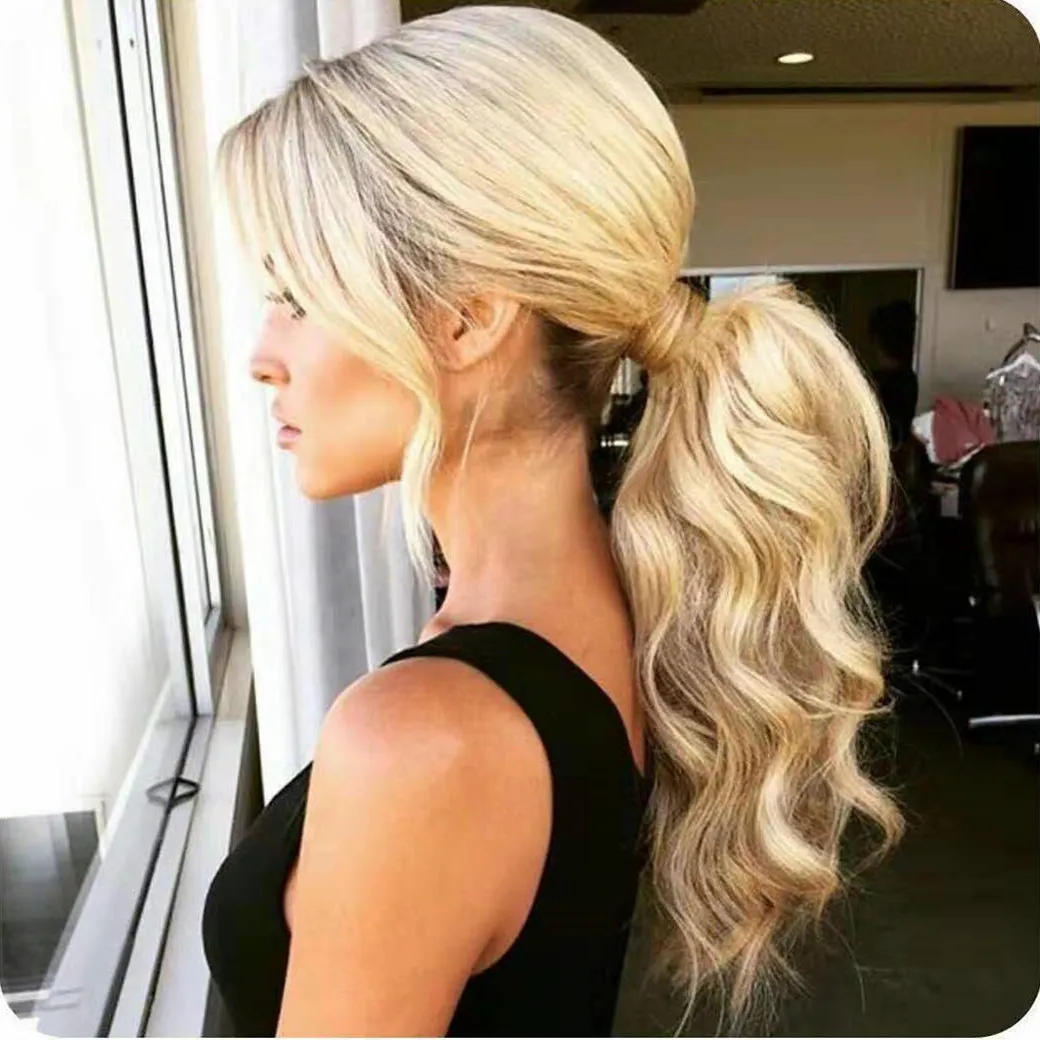 Ponytail Extension Menselijk Haar 100% Remy Wrap Around Ponytail Clip in Hair Extensions Long Body Wave 20 inch - # 613 Bleach blonde