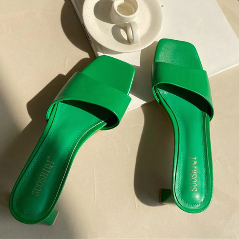 2020 Women Slides 4cm High Heels Green Mules Fetish Summer Fashion Slip On  Pink Sandals Luxury Low Heels Slippers Sandles Shoes3309128 From Egqv,  $26.47