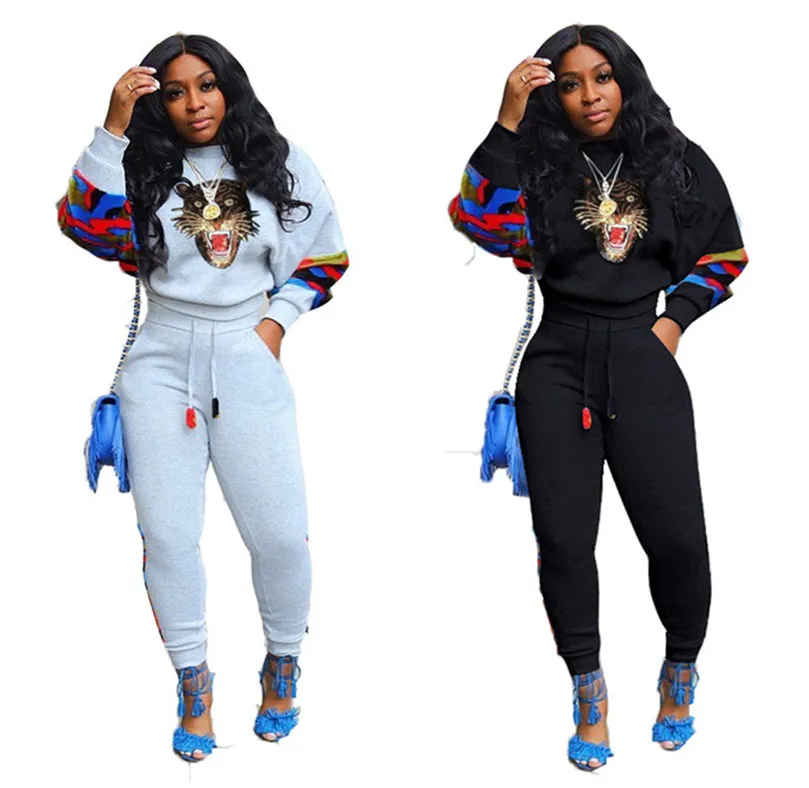 Women tiger head 2 pcs set outfits jogging suit pullover hoodies top+pants casual print tracksuit sequins sweatsuits black sportswear 2285