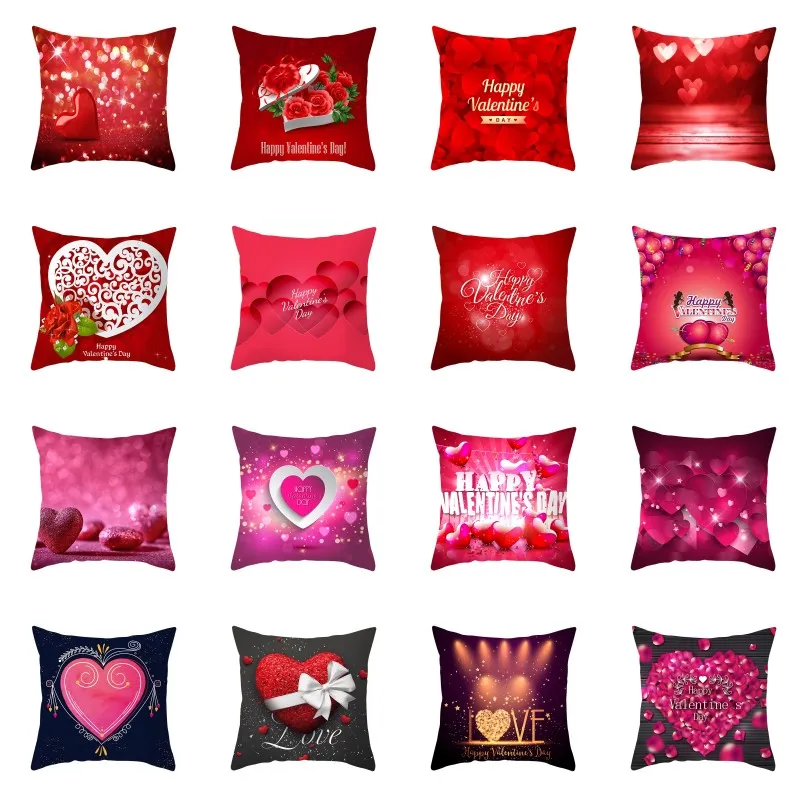 Red Valentine Day Pillow Case Peach Skin Cushion Cover Happy Valentines Day Red Heart Pillow Cover Wedding Pillow Case Home Decor