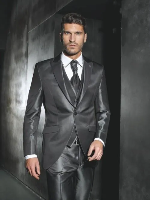 Fashion Shiny Dark Grey Groom Tuxedos Peak Lapel Groomsmen Mens