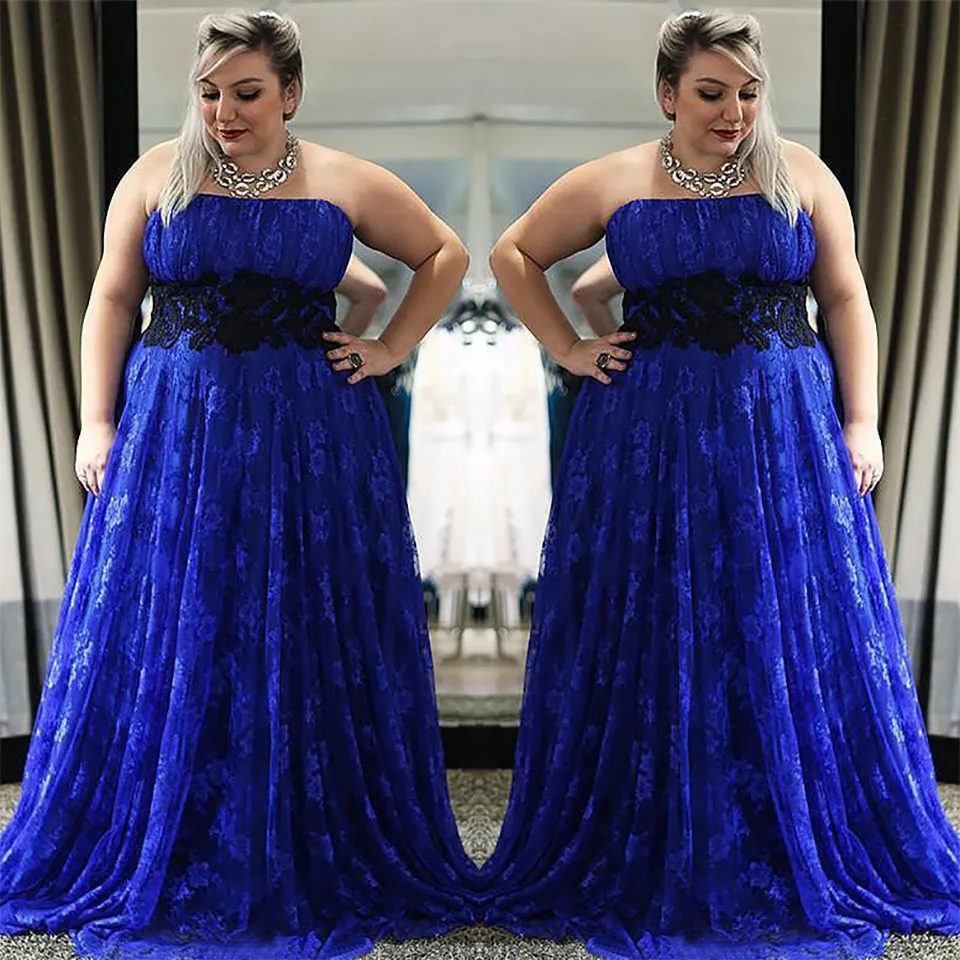 Sexy bleu Royal avec dentelle noire robe de soirée de bal longue grande taille sans bretelles froncé longueur de plancher robe formelle nouveau SD3376