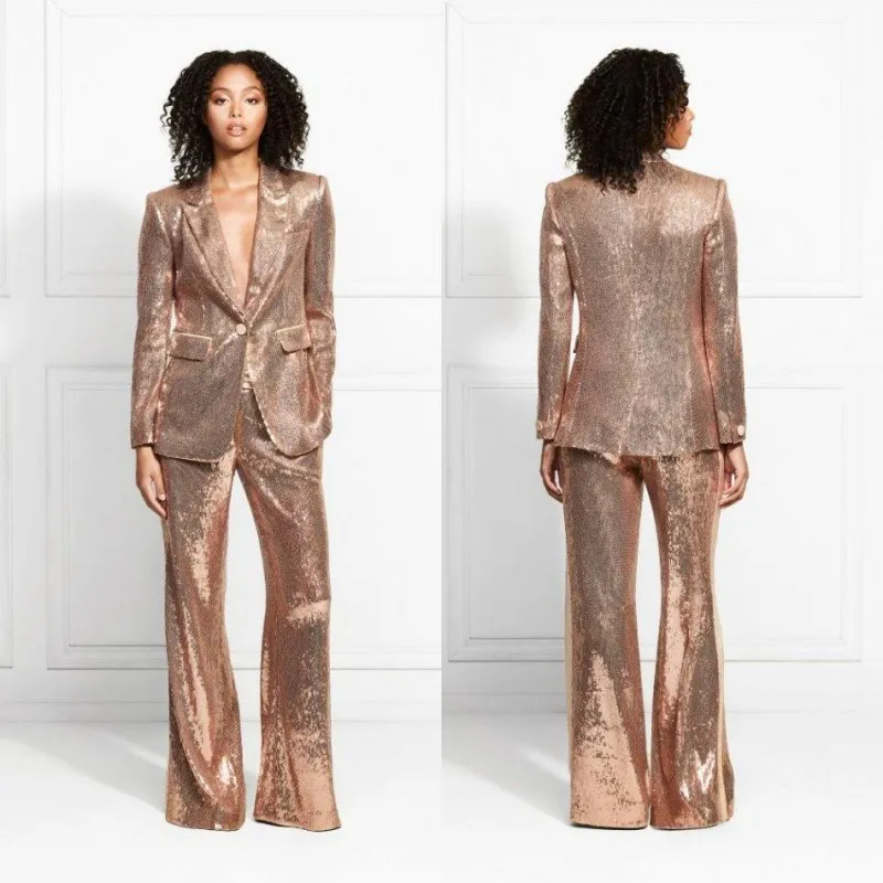 Rose Gold 2020 Abendkleider Pailletten Mutter der Braut Anzüge Slim Fit Kleider Damen Party Prom Tragen Für Hochzeit(Jacke + Pants)