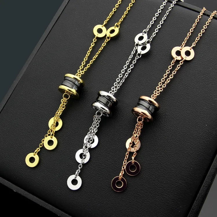 New Arrive Fashion Lady Titanium steel Tassels Lettering 18K Plated Gold Necklace With Black White Ceramic Spring Pendant Engagement 3 Color