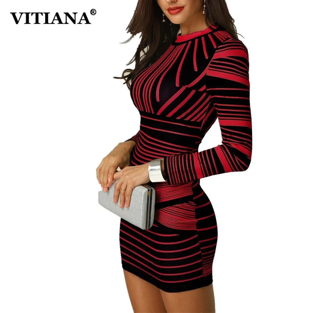 Vitiana Women Short Bodycon Party Платье женщина 2018 зимнее длинное рукав красный черный полосатый принцип Элегантный карандаш Клуб повседневное платье