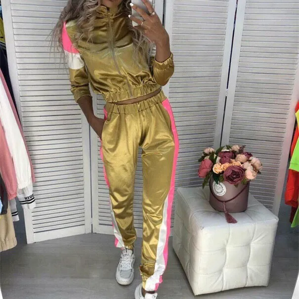 Reflective Tracksuit Sports Suit Long Sleeve Crop Top Casual Pants Set Lapel Pocket Umbilical Shirt High Waist Trousers