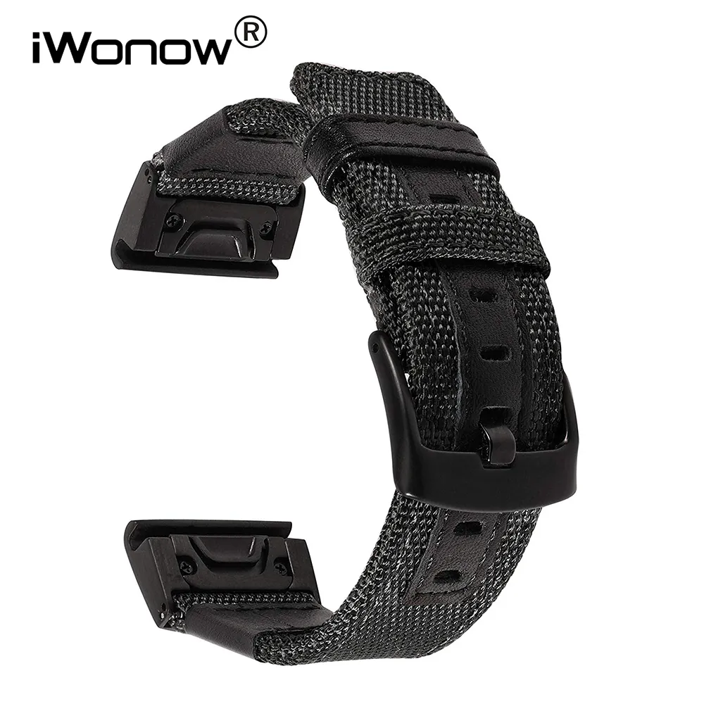 26mm echt nylon + lederen horlogeband voor Garmin Fenix ​​5x / 3 / 3HR Snelvoudig fit horlogeband roestvrijstalen sluitpolsriem Y19052301