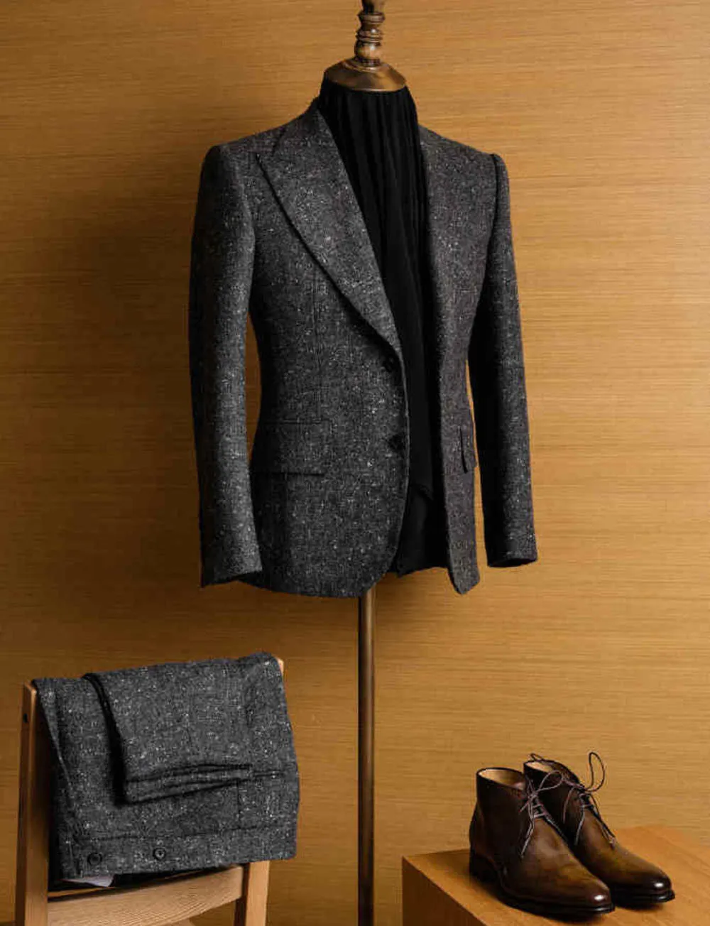 Sonbahar Kış Yün Erkek Vintage Blend Koyu Gri Damat smokin Custom Made Mens Slim Fit Suits (Ceket + Pantolon) Takımlar