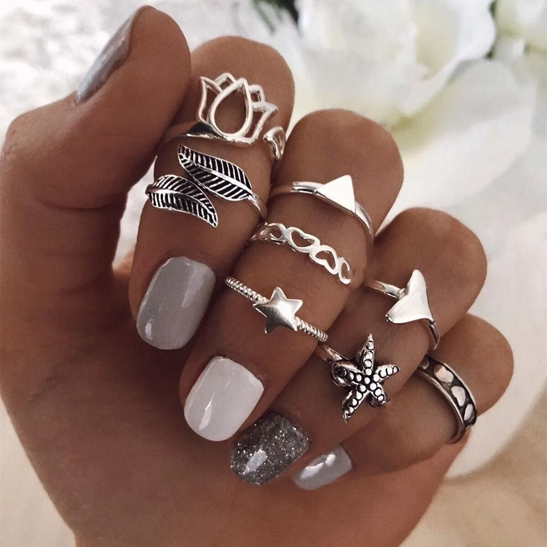 Set di anelli di dito in stile Boho US BOHO - Foll Girls Triangle Star Fish Counie a forma di fila per le unghie anello per donne Set per donne ragazze