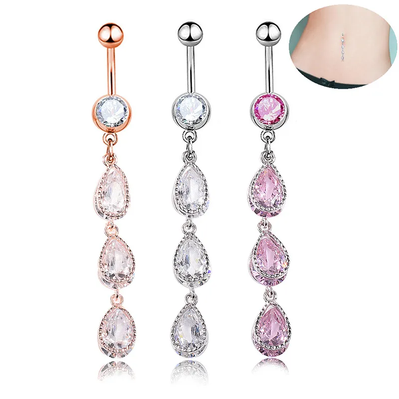 Navel & Bell Button Rings Piercing for Women Long Dangle Water Drop Pink Color Zircon Surgical Steel Summer Beach Fashion Body Jewelry