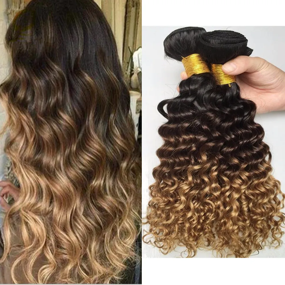 1B/4/27 Honey Blonde Ombre Brazilian Deep Curly Human Hair Bundles 3Pcs Virgin Brazilian Three Tone Ombre Human Hair Weave Deep Curly