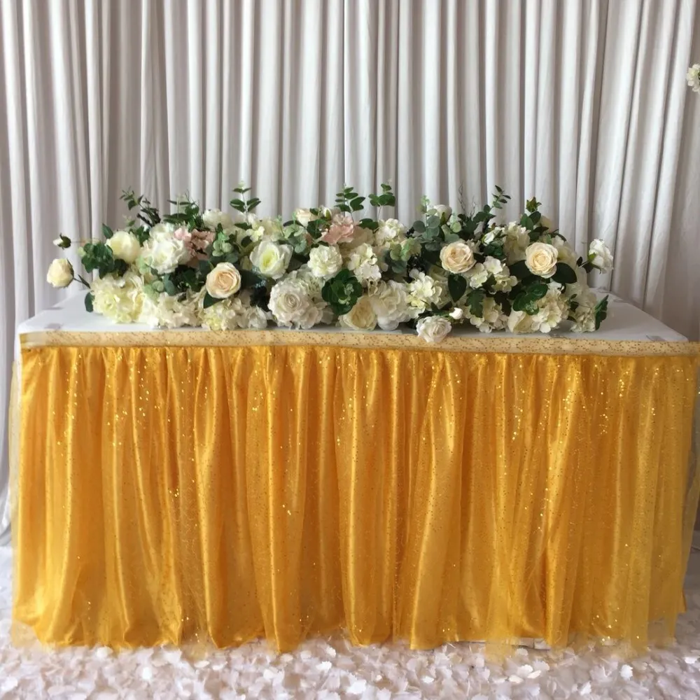 2 piece Christmas Shiny Gold 10ft L * 30 Inch H Ice Silk Sequin Voile Table Skirt For Wedding Decoration 3 orders